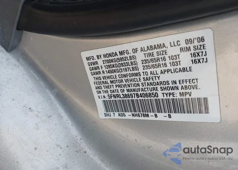 2007 Honda Odyssey Ex-L z USA, uszkodzony, nr VIN 5FNRL38697B406850